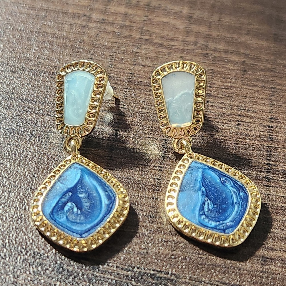 Gold Tone Blue Marbled Resin Geometric Drop Dangle Post Earrings 1.5"